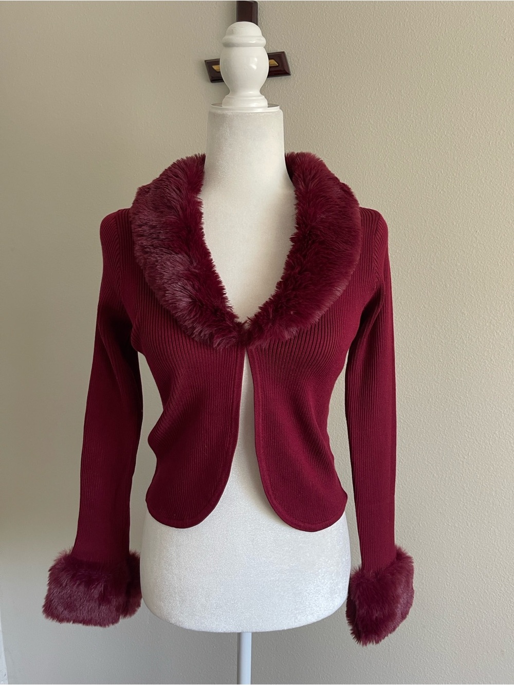 Say What? Burgundy Faux-Fur Trim Ribbed Cardigan